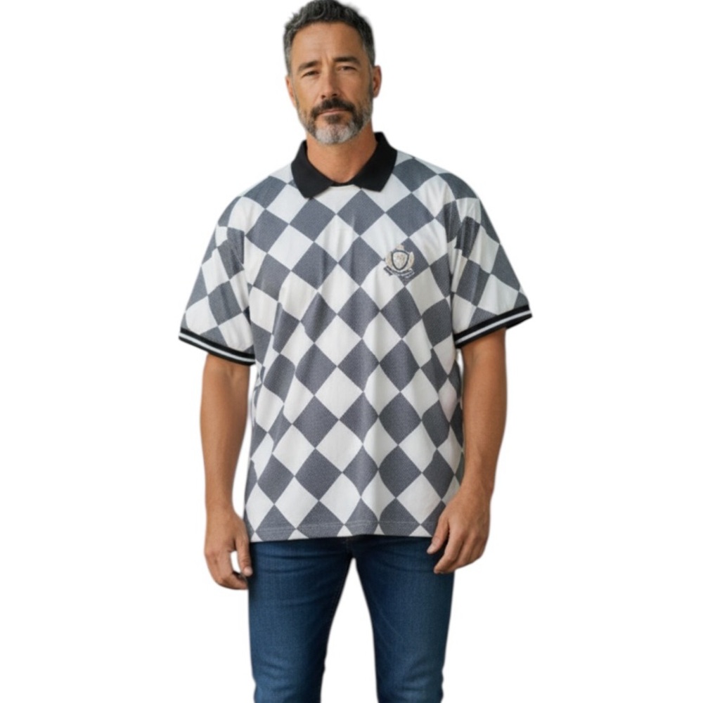 Original Use Men’s‎ NY Logo Argyle Polo Shirt Black White Short Sleeve Size XXL